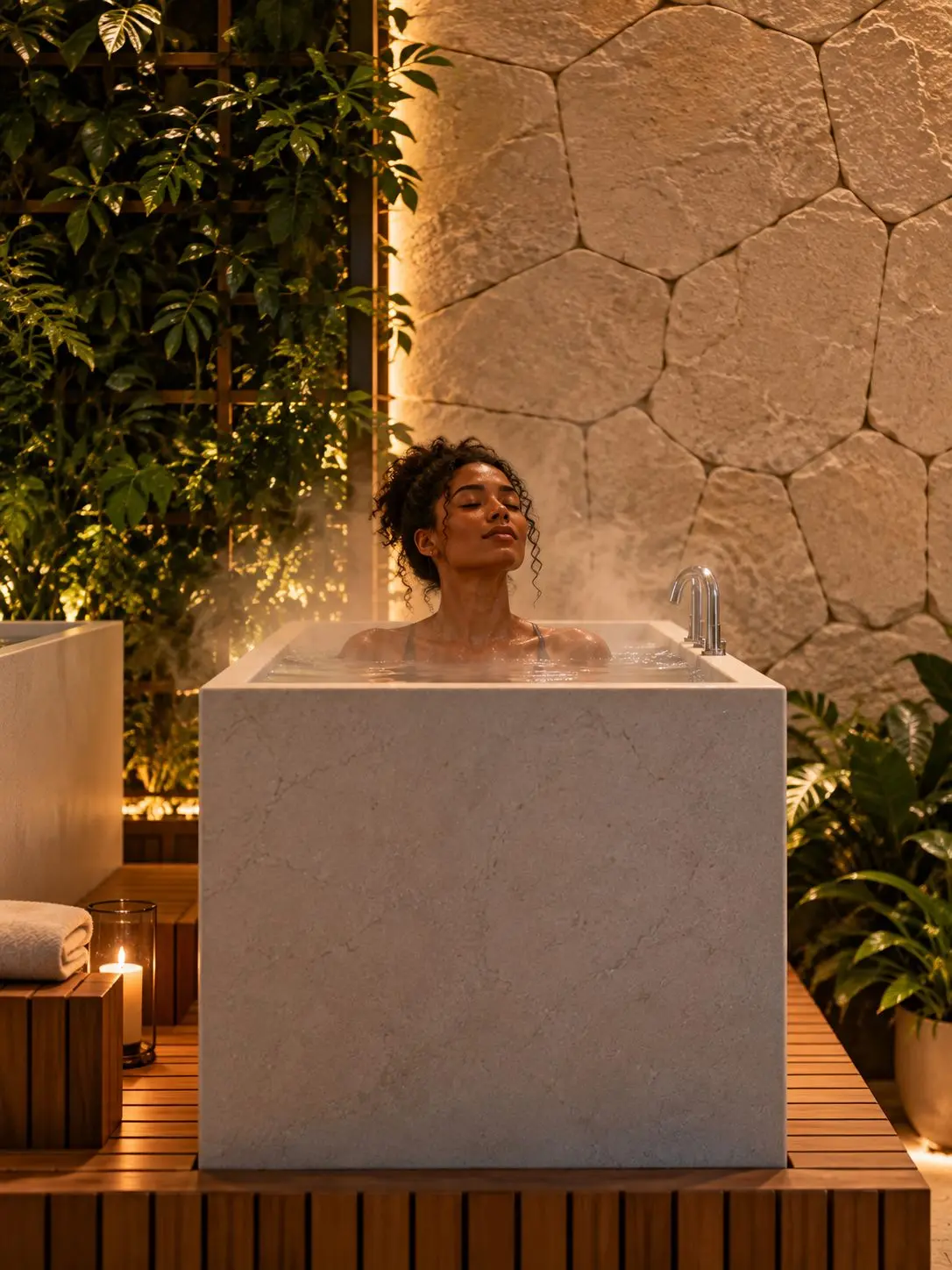 Mulher relaxando em uma banheira quente da Zere, com vapor, velas e plantas ao redor