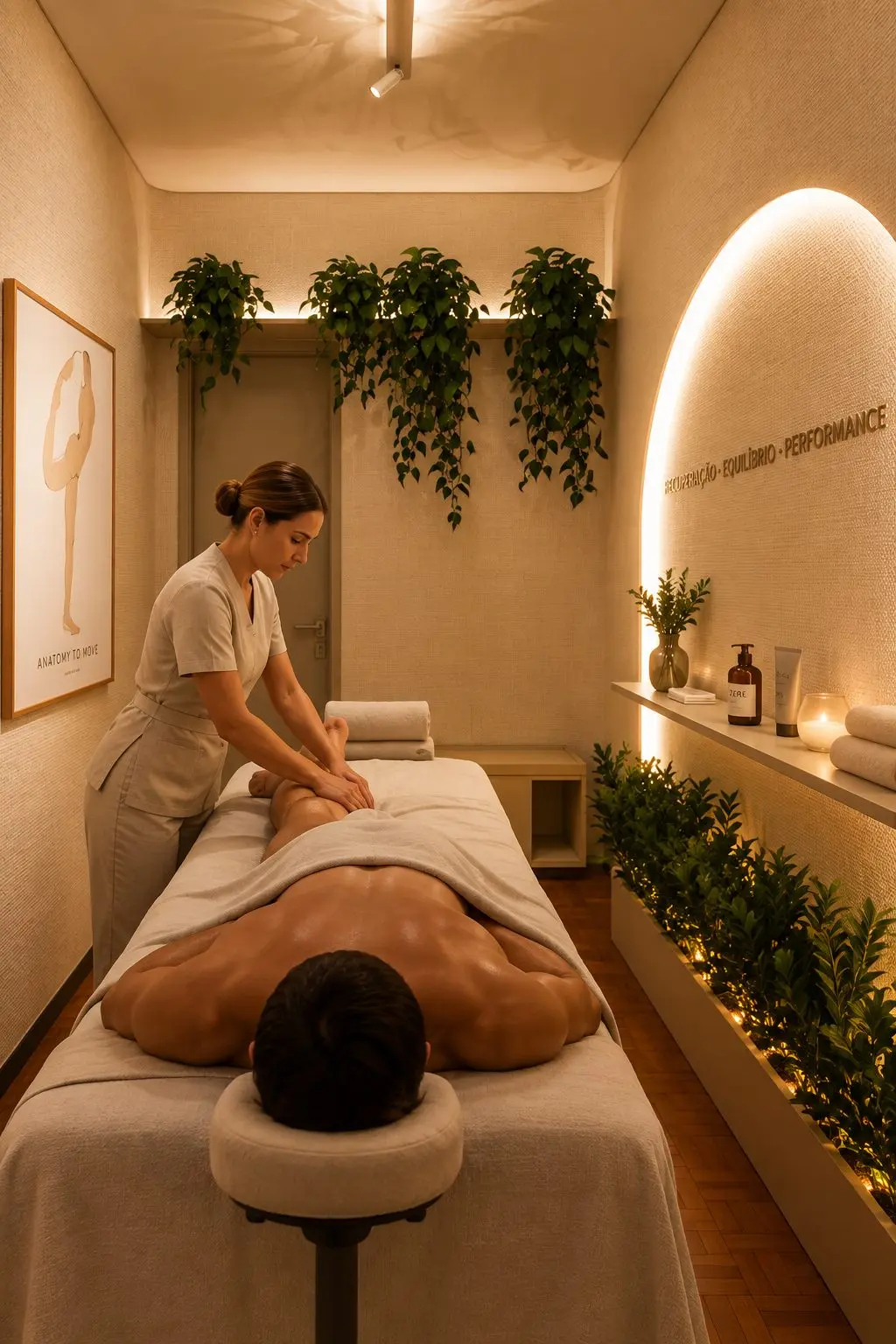 Profissional aplicando massagem nas costas de um cliente deitado na maca da Zere, em sala com plantas e luz quente