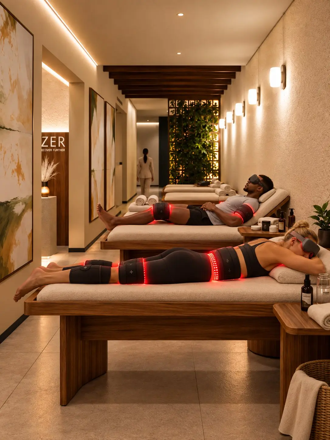 Duas pessoas deitadas em macas com cintas e wraps de luz vermelha na Zere