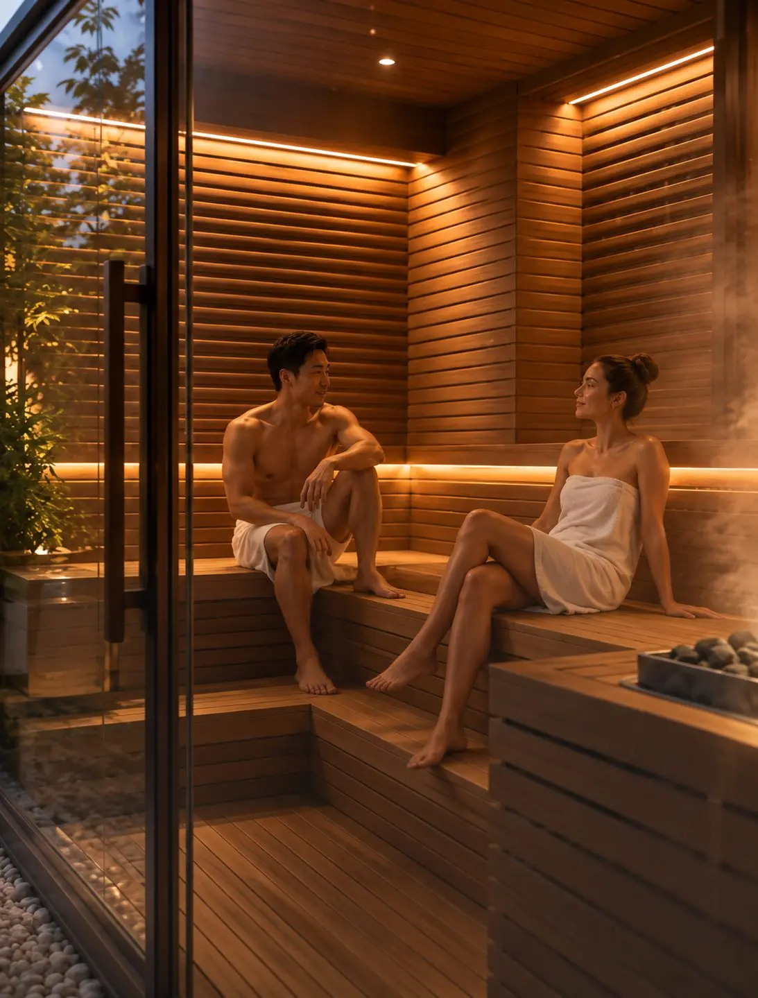 Duas pessoas conversando dentro da sauna finlandesa da Zere, com bancos de madeira e luz âmbar